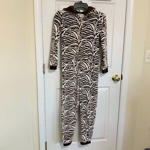 Girls Zebra Stipped Hooded Onesie. Fleece. Size 14. Brown.
